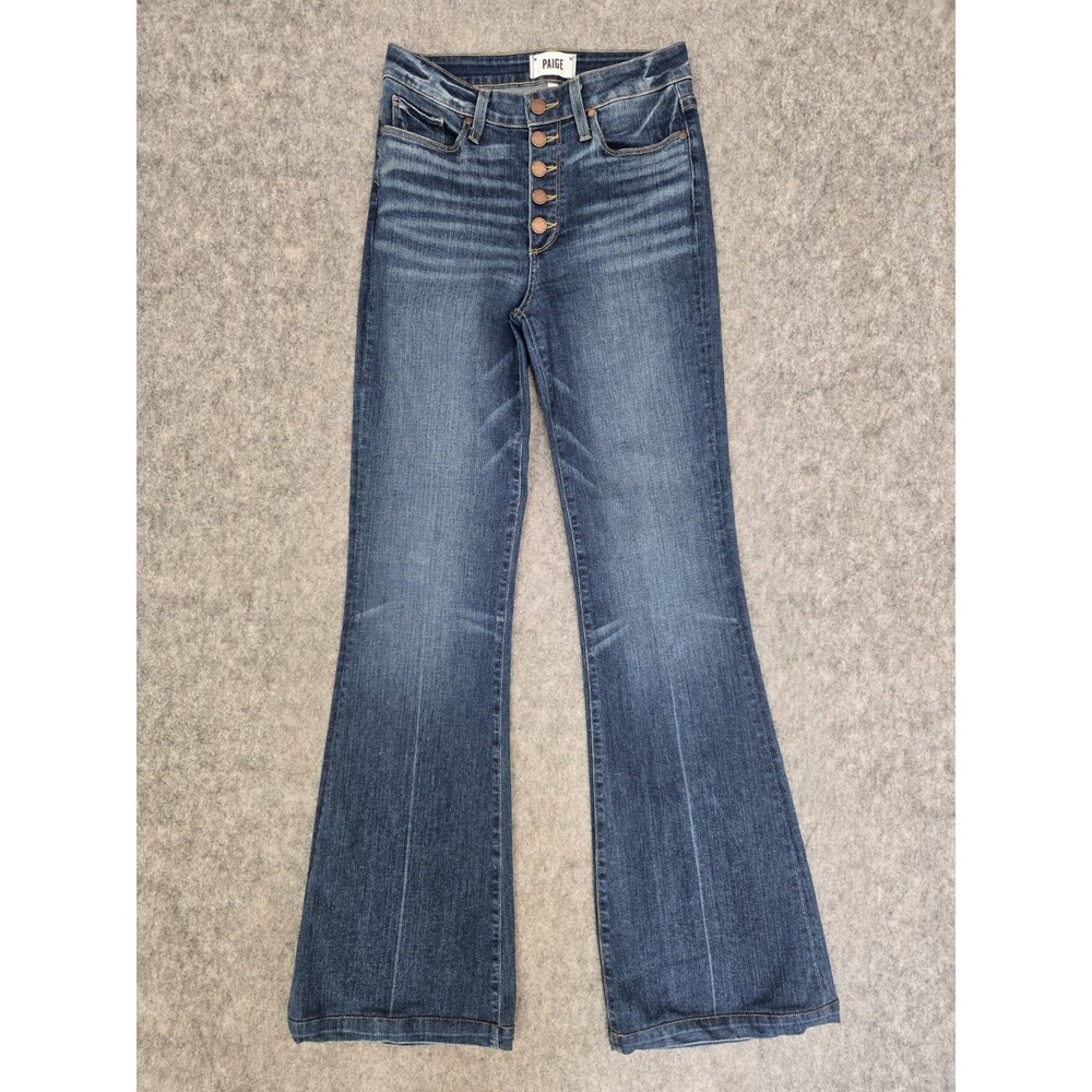 PAIGE Flaunt Iconic Flare Jeans 27x33 Exposed Button Fly High Rise Blue Stretch